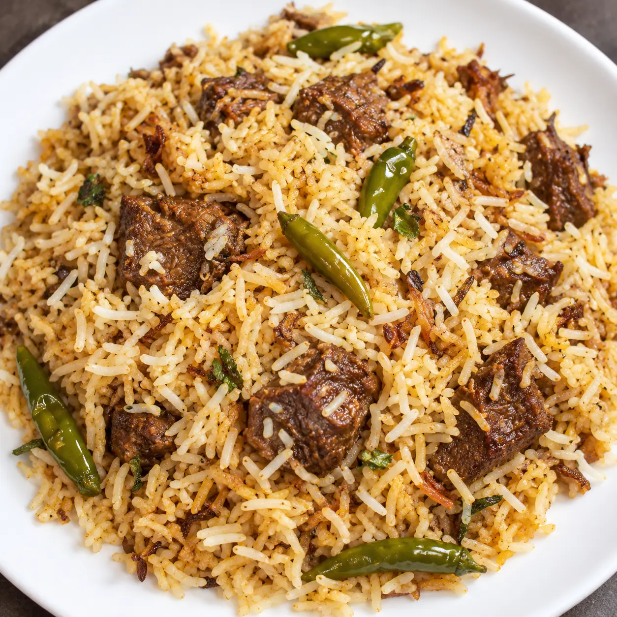 Bangladeshi chicken biryani in a copper serving dish with egg