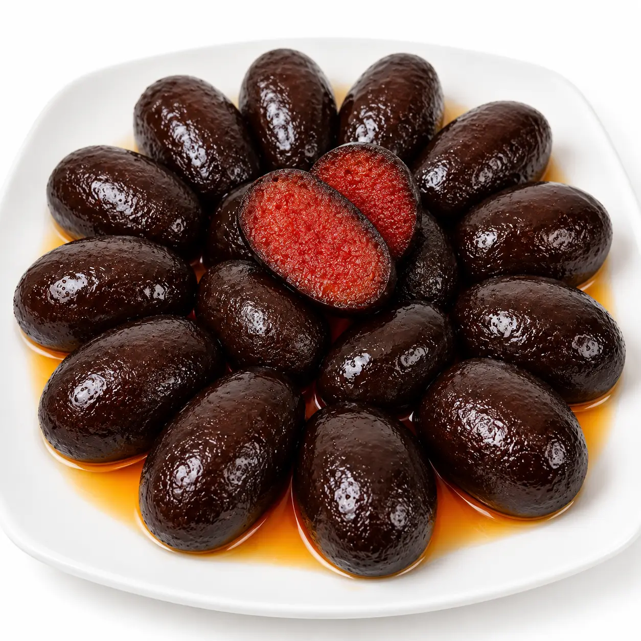 Dark kalojam sweets on a white plate, one cut open to show the red centre
